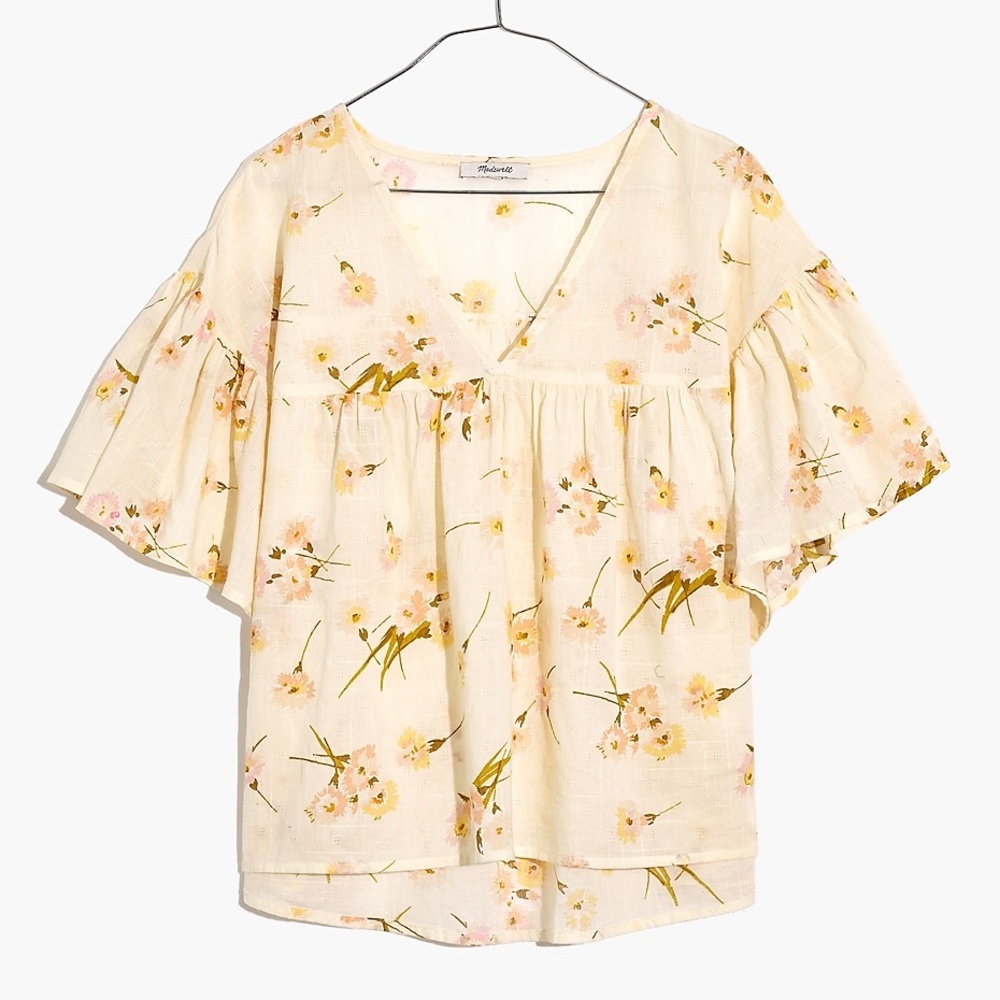 Madewell Flutter-Sleeve Rhyme Top in Floral Print Ivory Romantic Flowy Small NWT